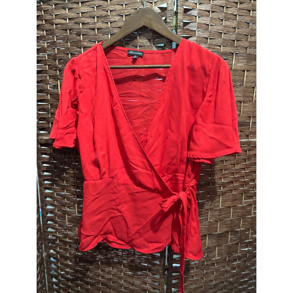ShinesStar Women's Red Wrap Blouse‎ Short Sleeve Tie Waist Career Top XL